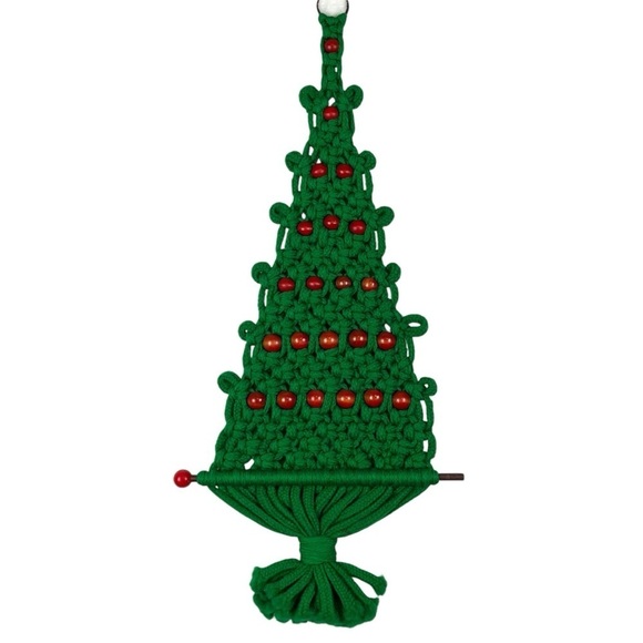 Vintage 70’s Handmade Macrame Green & Red Christmas Tree Hanging - Picture 1 of 9